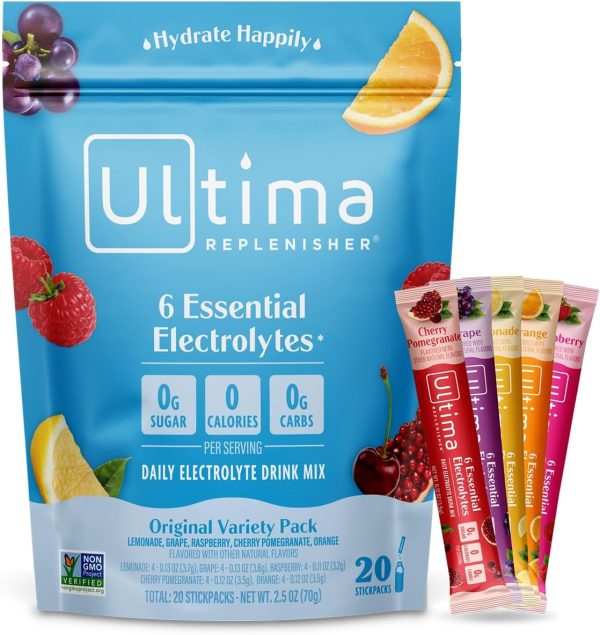 Ultima Replenisher Daily Electrolyte Drink Mix – Original Variety, 20 Stickpacks – Hydration Packets with 6 Electrolytes & Minerals – Keto Friendly, Vegan, Non- GMO & Sugar-Free Electrolyte Powder